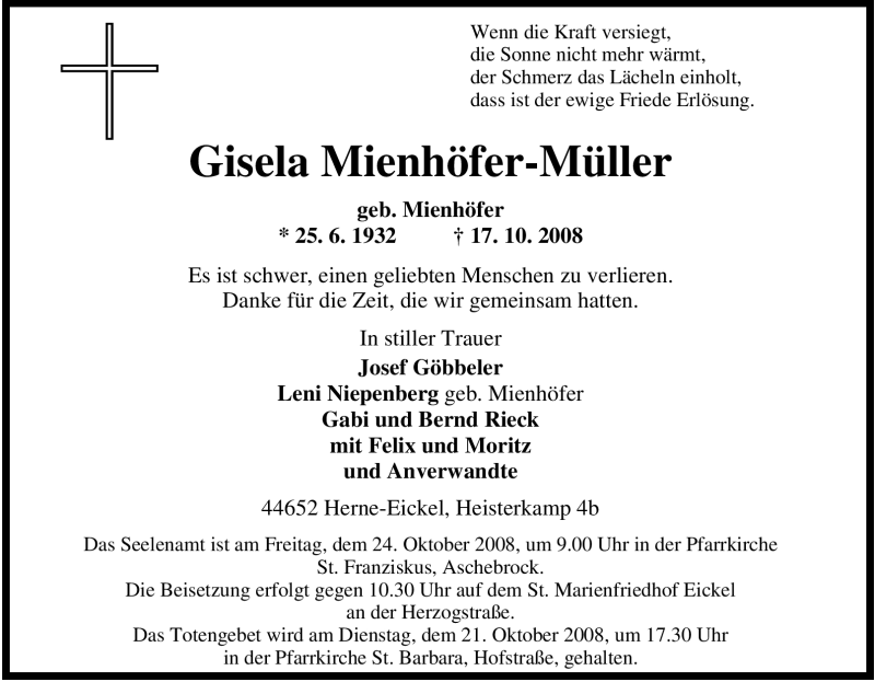  Traueranzeige für Gisela Mienhöfer-Müller vom 21.10.2008 aus WESTDEUTSCHE ALLGEMEINE ZEITUNG