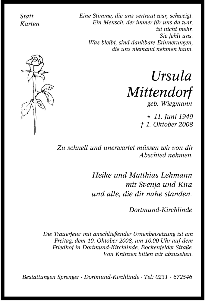  Traueranzeige für Ursula Mittendorf vom 08.10.2008 aus Tageszeitung