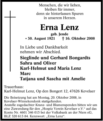 Traueranzeige von Erna Lenz von Tageszeitung
