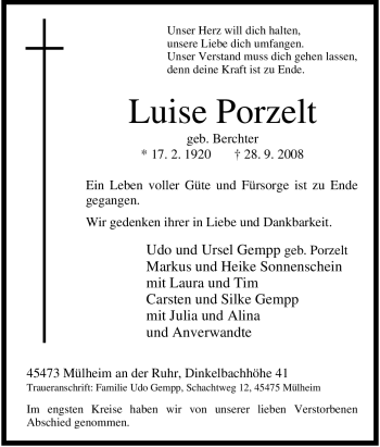 Traueranzeige von Luise Porzelt von Tageszeitung