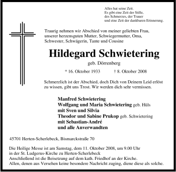 Traueranzeige von Hildegard Schwietering von Tageszeitung