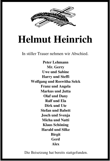 Traueranzeigen von Helmut Heinrich TrauerinNRW.de
