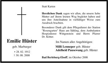 Traueranzeige von Emilie Hüster von Tageszeitung