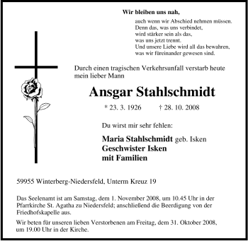 Traueranzeige von Ansgar Stahlschmidt von Tageszeitung