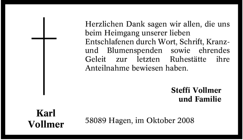  Traueranzeige für Karl Vollmer vom 14.10.2008 aus Tageszeitung