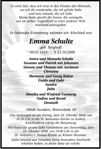 Traueranzeige von Emma Schulte von Tageszeitung