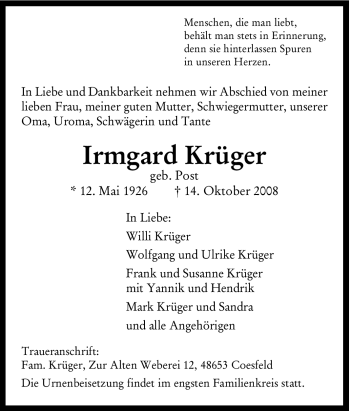 Traueranzeige von Irmgard Krüger von Tageszeitung