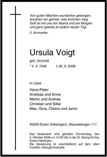 Traueranzeige von Ursula Voigt von Tageszeitung
