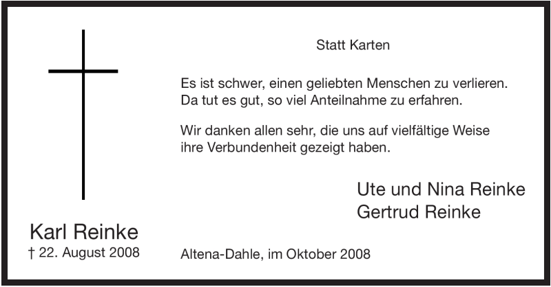  Traueranzeige für Karl Reinke vom 11.10.2008 aus Tageszeitung