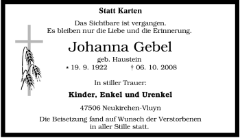 Traueranzeige von Johanna Gebel von Tageszeitung