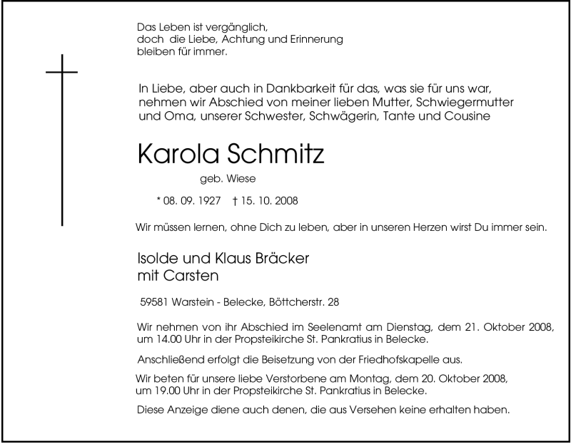  Traueranzeige für Karola Schmitz vom 17.10.2008 aus Tageszeitung
