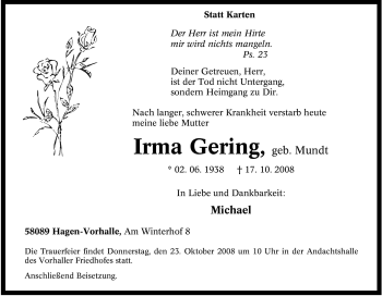 Traueranzeige von Irma Gering von Tageszeitung