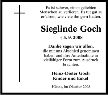 Traueranzeige von Sieglinde Goch von Tageszeitung