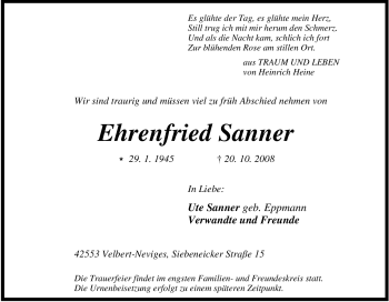 Traueranzeige von Ehrenfried Sanner von Tageszeitung