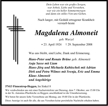 Traueranzeige von Magdalena Almoneit von Tageszeitung