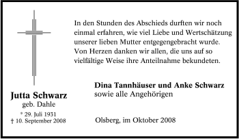 Traueranzeige von Jutta Schwarz von Tageszeitung