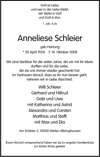 Traueranzeige von Anneliese Schleier von Tageszeitung
