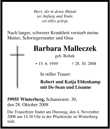Traueranzeige von Barbara Malleczek von Tageszeitung