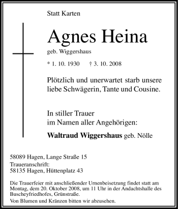 Traueranzeige von Agnes Heina von Tageszeitung