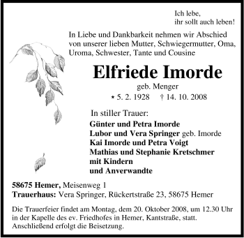 Traueranzeige von Elfriede Imorde von Tageszeitung