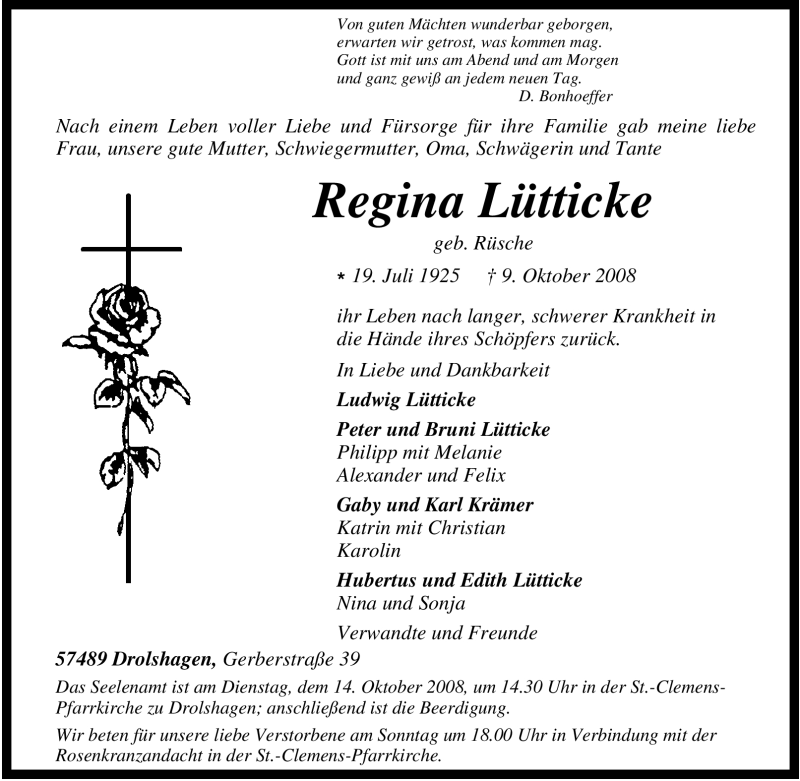  Traueranzeige für Regina Lütticke vom 11.10.2008 aus Tageszeitung