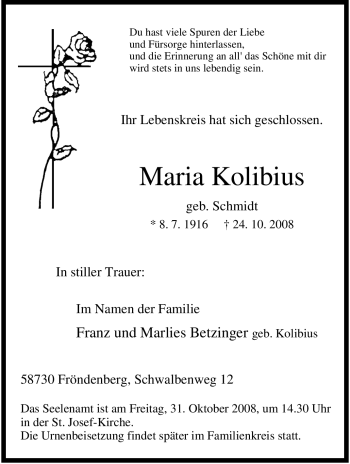 Traueranzeige von Maria Kolibius von Tageszeitung