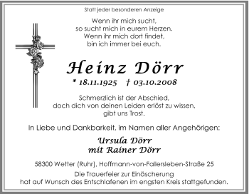 Traueranzeige von Heinz Dörr von Tageszeitung
