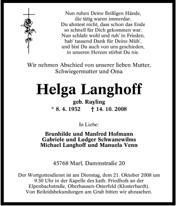Traueranzeige von Helga Langhoff von Tageszeitung