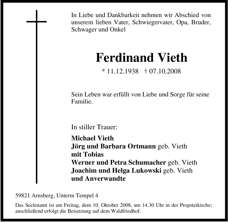  Traueranzeige für Ferdinand Vieth vom 08.10.2008 aus Tageszeitung