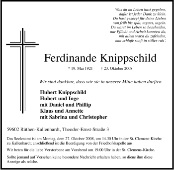 Traueranzeige von Ferdinande Knippschild von Tageszeitung