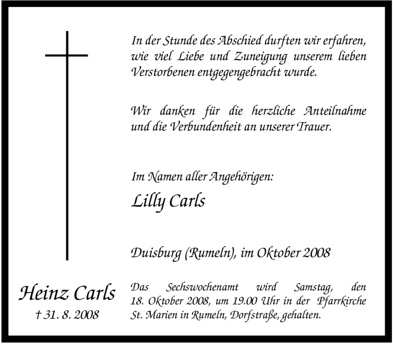  Traueranzeige für Heinz Carls vom 08.10.2008 aus Tageszeitung