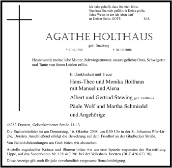 Traueranzeige von Agathe Holthaus von Tageszeitung