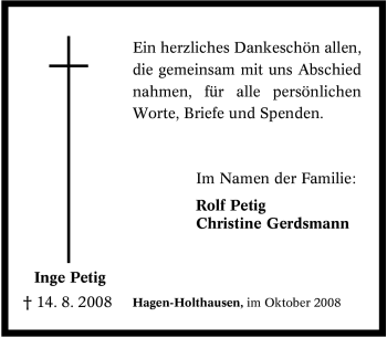 Traueranzeige von Inge Petig von Tageszeitung