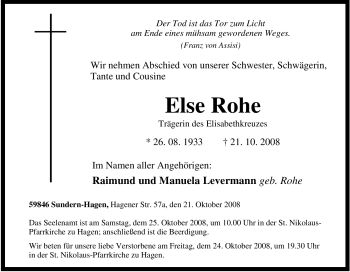 Traueranzeige von Else Rohe von Tageszeitung