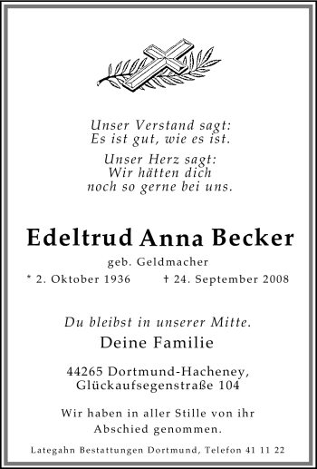 Traueranzeige von Edeltrud Anna Becker von Tageszeitung