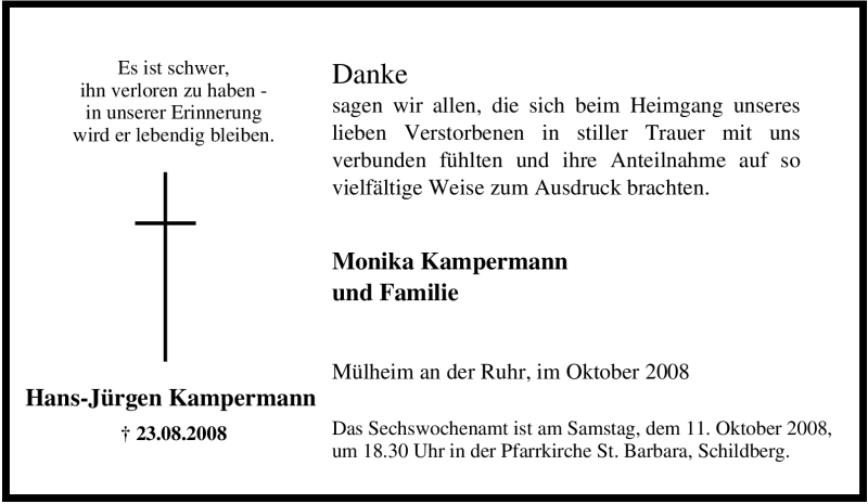  Traueranzeige für Hans-Jürgen Kampermann vom 04.10.2008 aus Tageszeitung