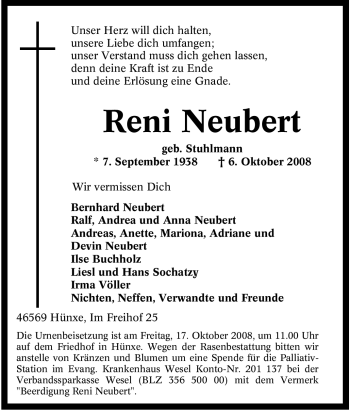 Traueranzeige von Reni Neubert von Tageszeitung