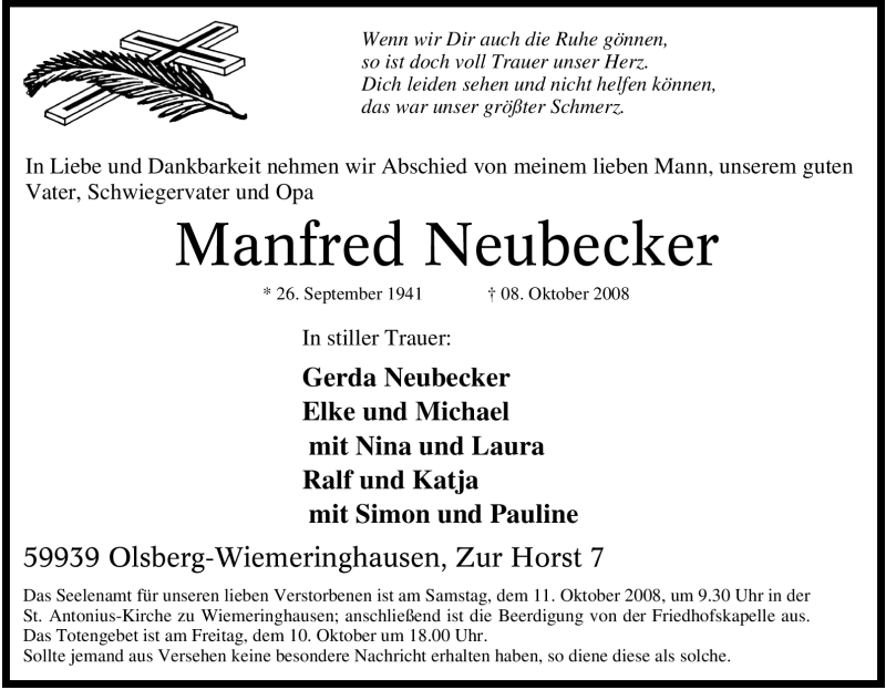  Traueranzeige für Manfred Neubecker vom 09.10.2008 aus Tageszeitung