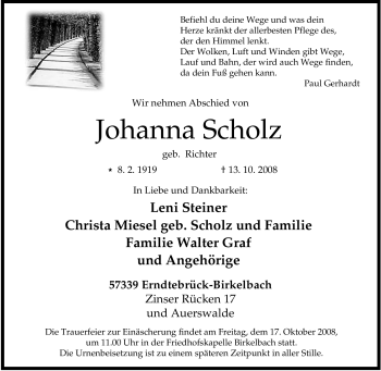 Traueranzeige von Johanna Scholz von Tageszeitung