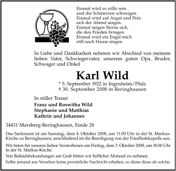 Traueranzeige von Karl Wild von Tageszeitung