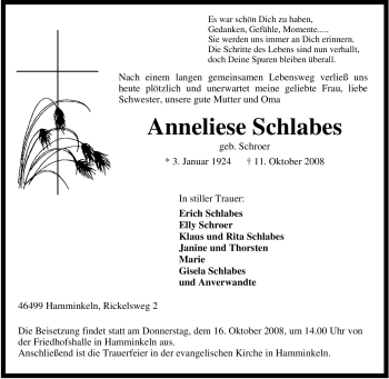 Traueranzeige von Anneliese Schlabes von Tageszeitung