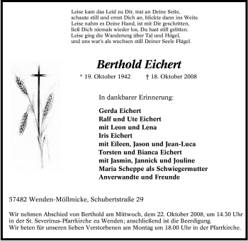 Traueranzeige von Berthold Eichert von Tageszeitung