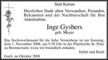 Traueranzeige von Inge Gysbers von Tageszeitung