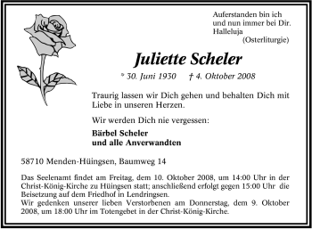 Traueranzeige von Juliette Scheler von Tageszeitung