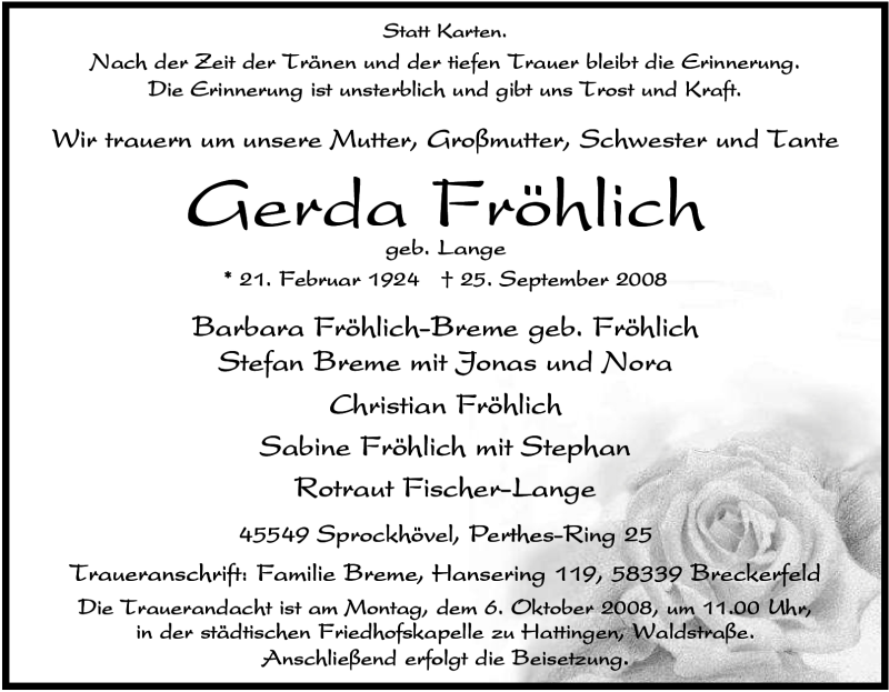  Traueranzeige für Gerda Fröhlich vom 01.10.2008 aus Tageszeitung