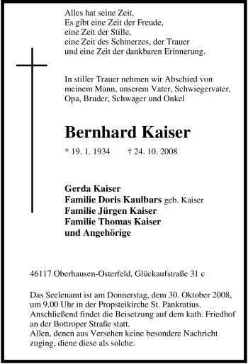 Traueranzeige von Bernhard Kaiser von Tageszeitung