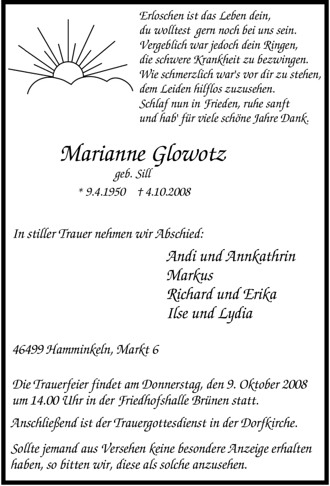  Traueranzeige für Marianne Glowotz vom 07.10.2008 aus Tageszeitung