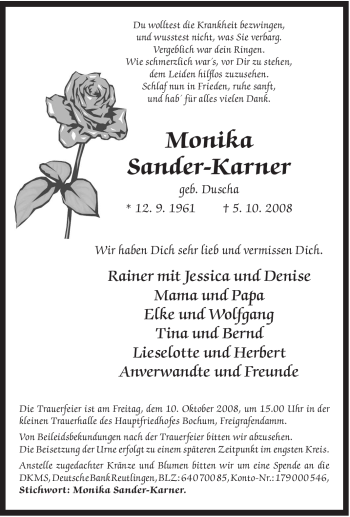 Traueranzeige von Monika Sander-Karner von Tageszeitung