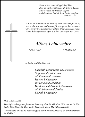 Traueranzeige von Alfons Leineweber von Tageszeitung