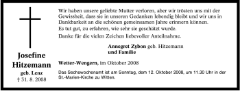 Traueranzeige von Josefine Hitzemann von Tageszeitung